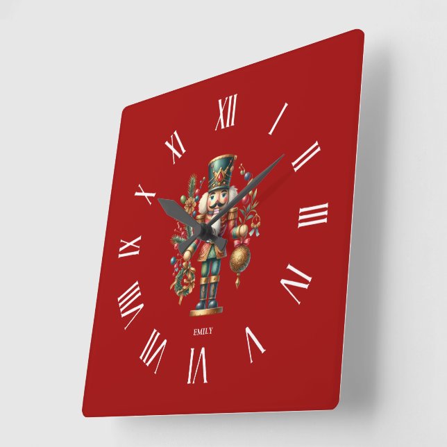 Personalized Festive Christmas Nutcracker Square Wall Clock (Angle)
