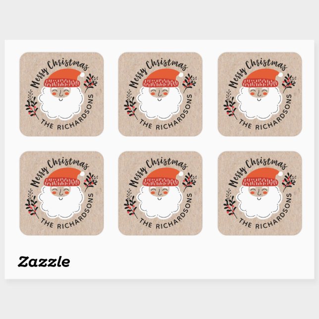 Personalized Festive Christmas Santa Claus Square Sticker (Sheet)