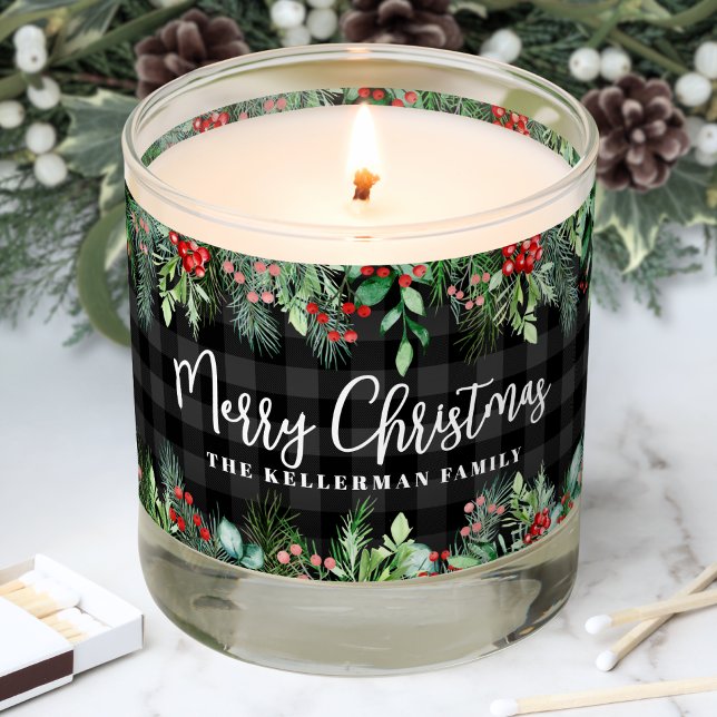 Personalized Festive Christmas Scented Candle (Greenery Plaid Merry Christmas Scented Candle)