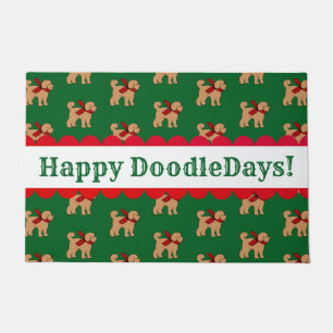 Personalized Festive Doodle Dog Green Red Holiday Doormat