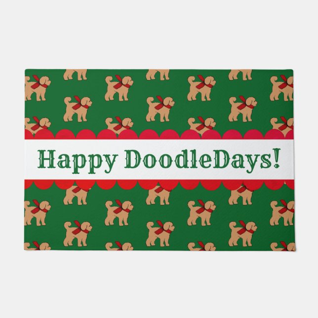 Personalized Festive Doodle Dog Green Red Holiday  Doormat (Front)