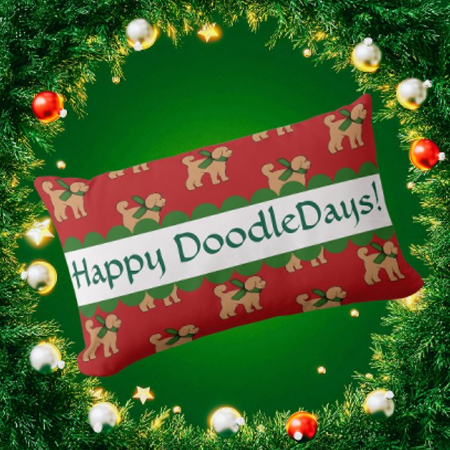 Personalized Festive Doodle Dog Red  Lumbar Pillow (Personalize with your own message!)