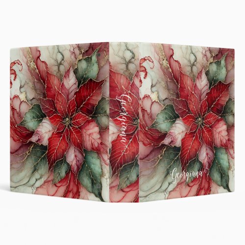 Personalized Festive Floral Alcohol Ink Poinsettia 3 Ring Binder