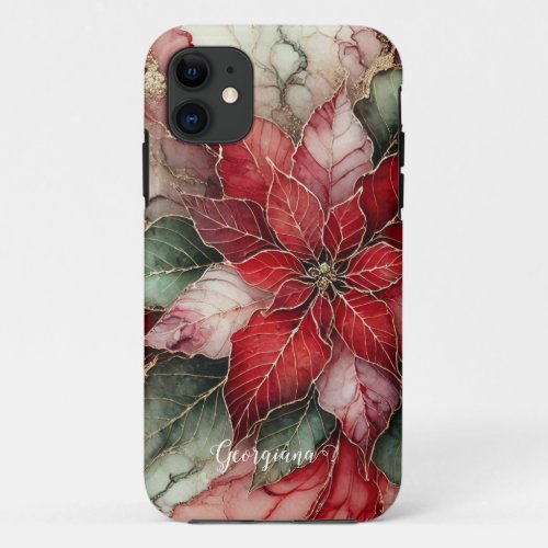 Personalized Festive Floral Alcohol Ink Poinsettia iPhone 11 Case