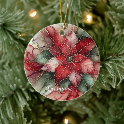 Personalized Festive Floral Alcohol Ink Poinsettia Ceramic Ornament