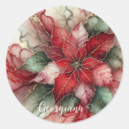 Personalized Festive Floral Alcohol Ink Poinsettia Classic Round Sticker