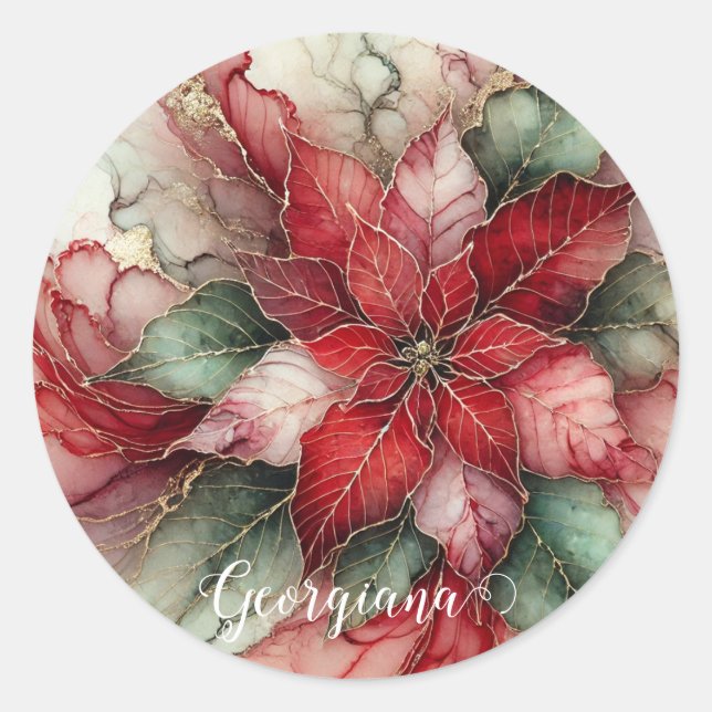Personalized Festive Floral Alcohol Ink Poinsettia Classic Round Sticker (Front)