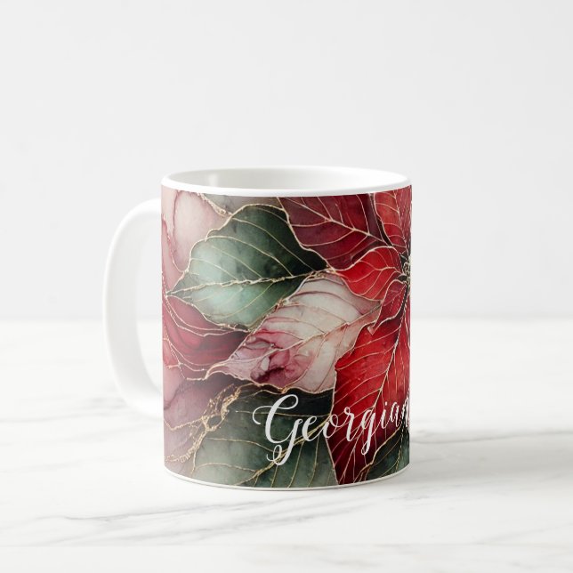 Personalized Festive Floral Alcohol Ink Poinsettia Coffee Mug (Front Left)