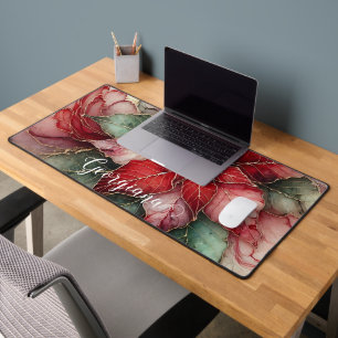 Personalized Festive Floral Alcohol Ink Poinsettia Desk Mat