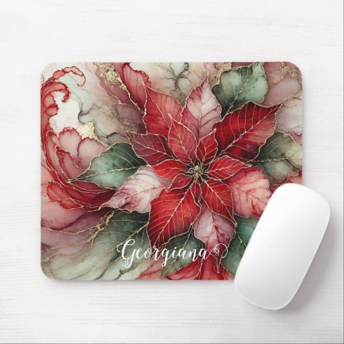 Personalized Festive Floral Alcohol Ink Poinsettia Mouse Pad