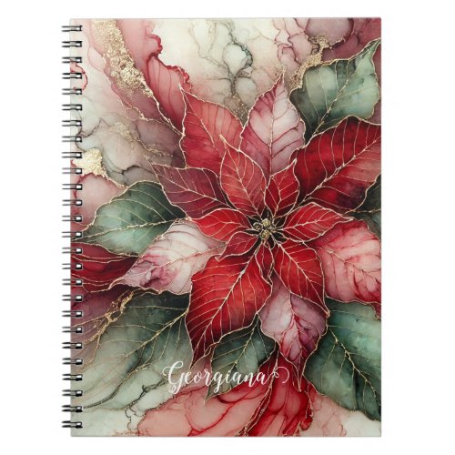 Personalized Festive Floral Alcohol Ink Poinsettia Notebook