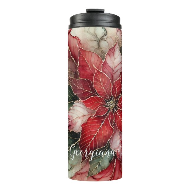 Personalized Festive Floral Alcohol Ink Poinsettia Thermal Tumbler (Front)