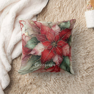 Personalized Festive Floral Alcohol Ink Poinsettia Throw Pillow