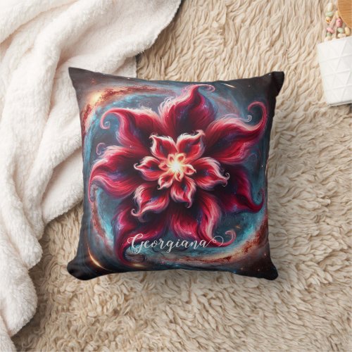 Personalized Festive Floral Poinsettia Galaxy Throw Pillow