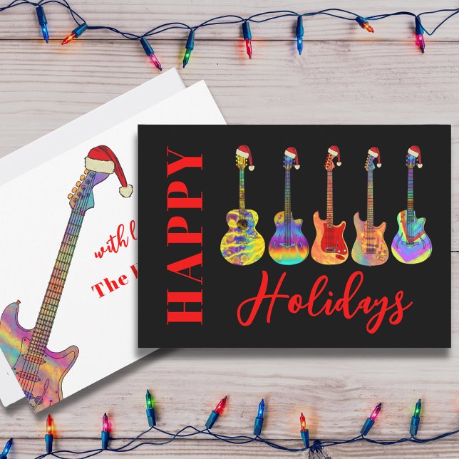Personalized Festive Guitar Happy Holidays Holiday Card (Cool guitar happy holidays personalized Christmas greeting card )