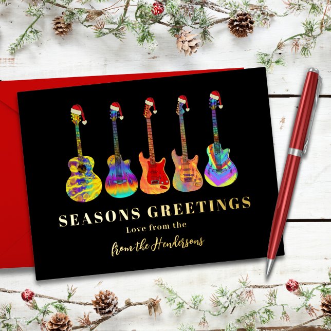 Personalized Festive Guitar Seasons Greetings Gold Foil Holiday Card (Music themed colorful Christmas guitars personalized seasons greetings black and gold foil card)