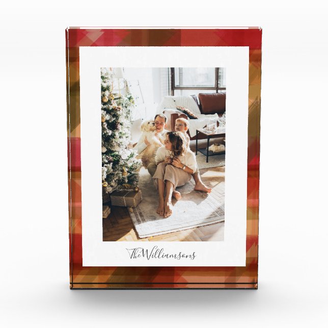 Personalized Festive Holiday Warm Plaid Family Red Photo Block (Front)