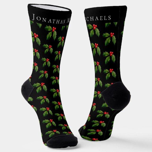 Personalized Festive Holly Berry Black Holiday Socks (Angled)