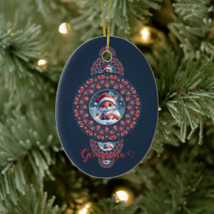 Personalized Festive Kawaii Fox Ornamental Mandala Ceramic Ornament