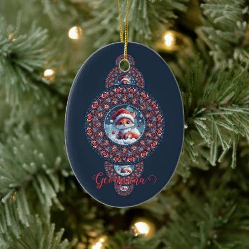 Personalized Festive Kawaii Fox Ornamental Mandala Ceramic Ornament