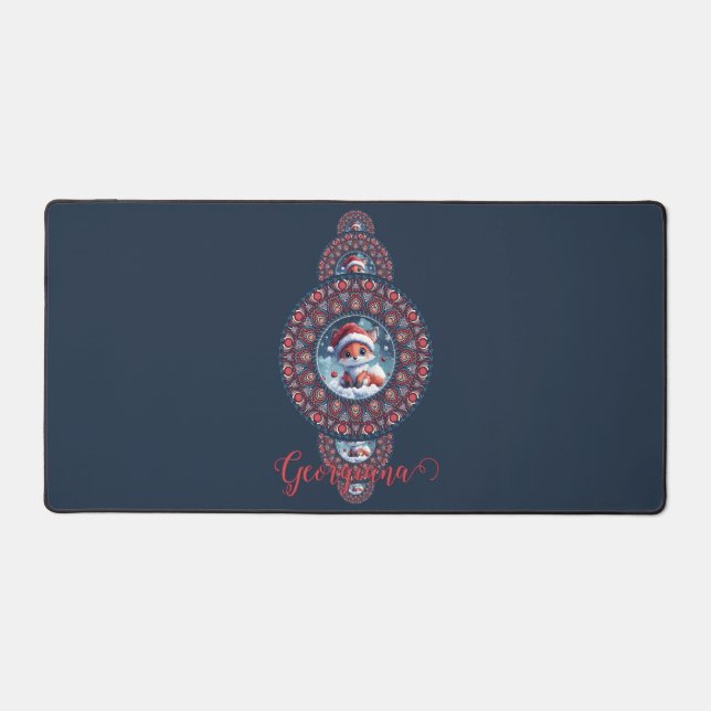 Personalized Festive Kawaii Fox Ornamental Mandala Desk Mat (Front)