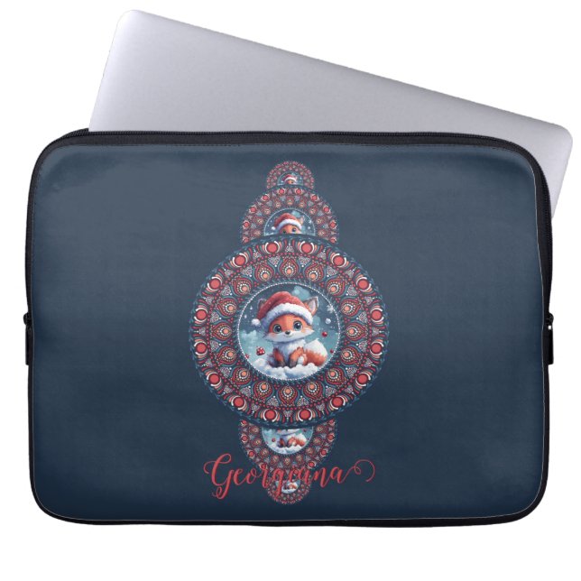 Personalized Festive Kawaii Fox Ornamental Mandala Laptop Sleeve (Front)