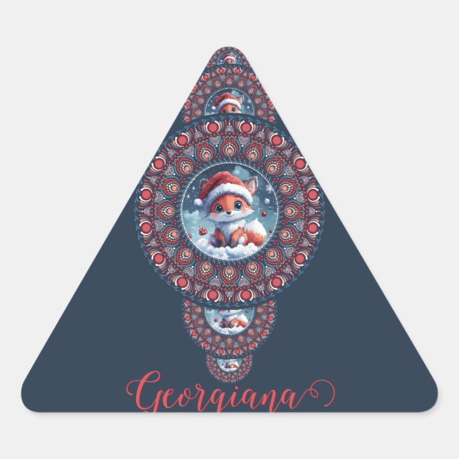 Personalized Festive Kawaii Fox Ornamental Mandala Triangle Sticker (Front)