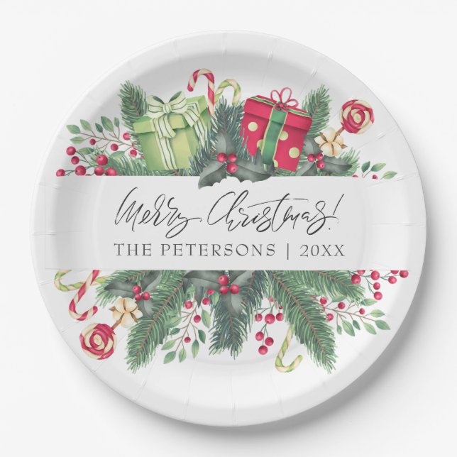 Personalized Festive Merry Christmas Decorative Paper Plates (Front)