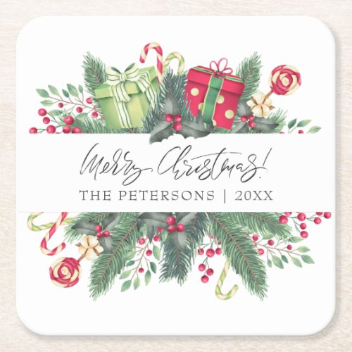 Personalized Festive Merry Christmas Decorative Square Paper Coaster