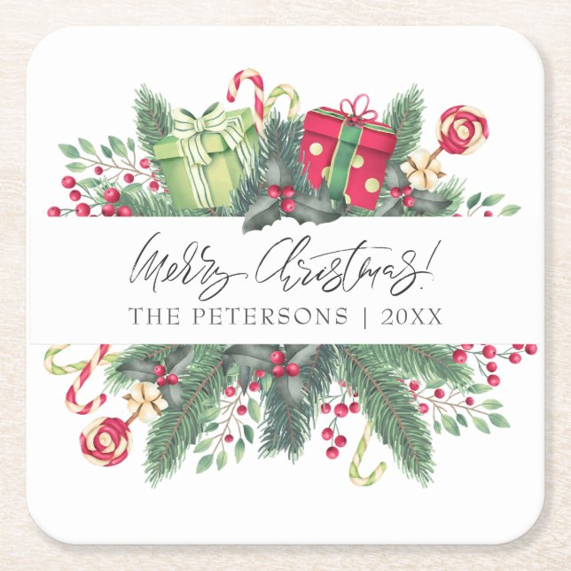 Personalized Festive Merry Christmas Decorative Square Paper Coaster (Front)