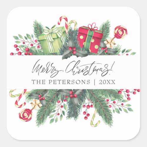 Personalized Festive Merry Christmas Decorative Square Sticker