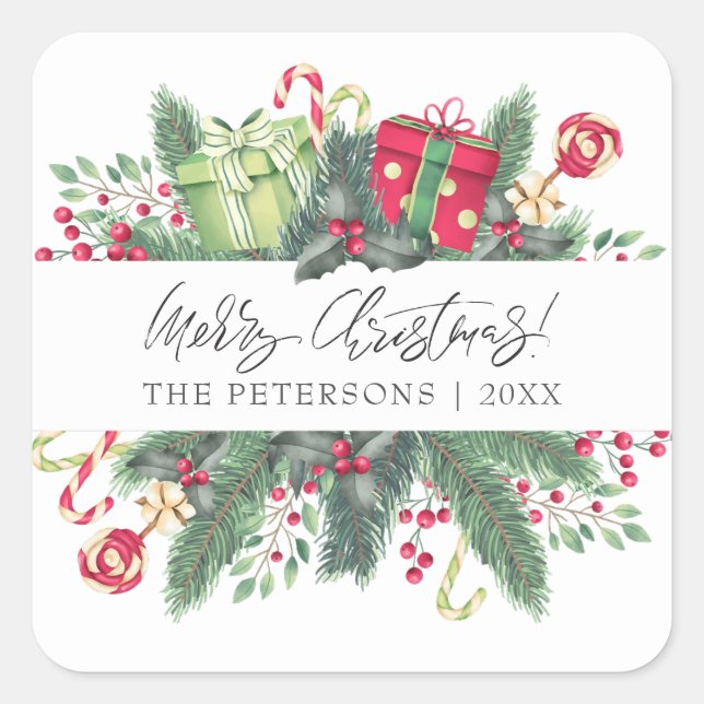 Personalized Festive Merry Christmas Decorative Square Sticker (Front)