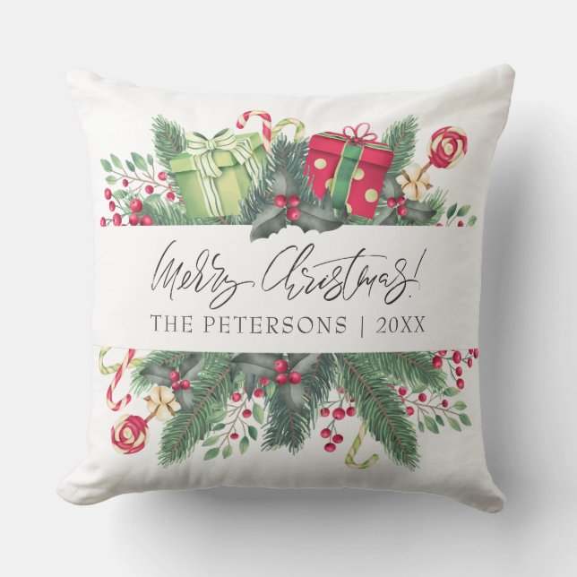 Personalized Festive Merry Christmas Decorative Throw Pillow (Front)