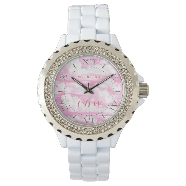 Personalized Festive Pastel Pink happy Clouds Watch (Front)