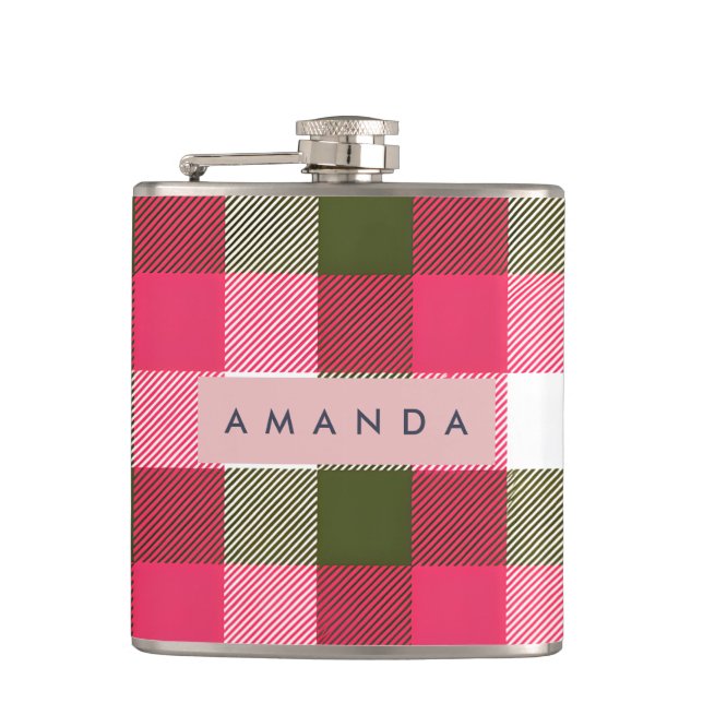 Personalized Festive Pink and Green Plaid Flask (Front)