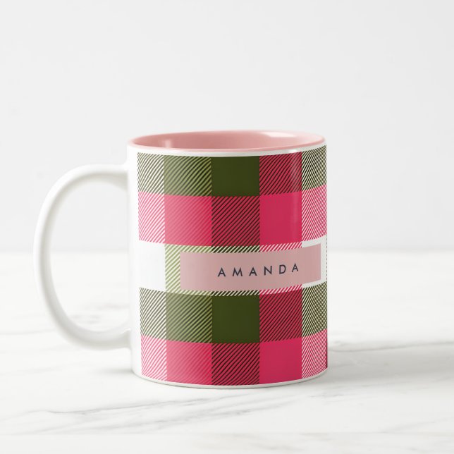 Personalized Festive Pink and Green Plaid Two-Tone Coffee Mug (Left)