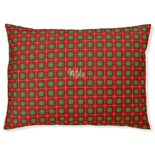 Personalized Festive Plaid Red Checkered Outdoor Pet Bed