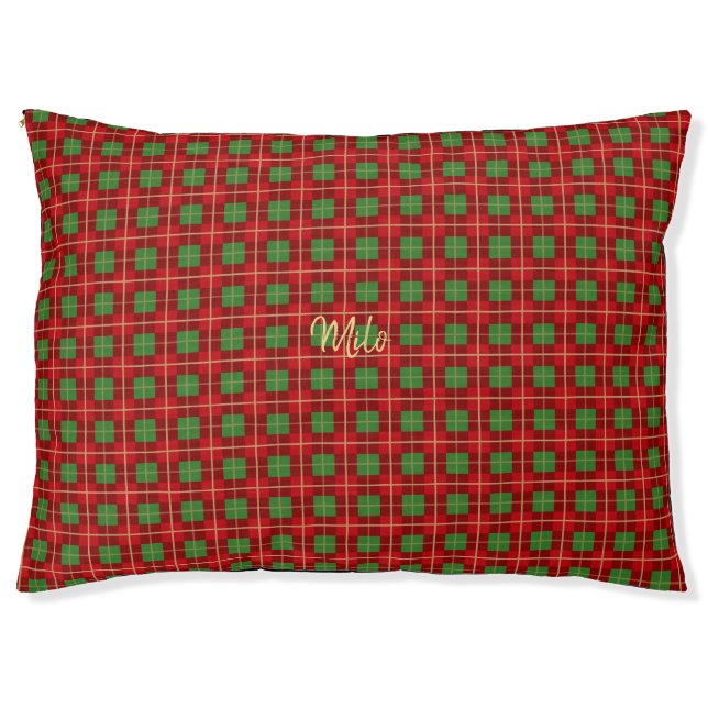 Personalized Festive Plaid Red Checkered Outdoor Pet Bed (Front)