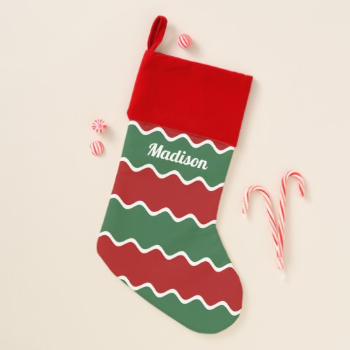 Personalized Festive Red Green Stripes Christmas Stocking