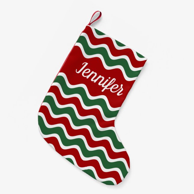Personalized Festive Red Green Stripes Small Christmas Stocking (Front (Hanging))