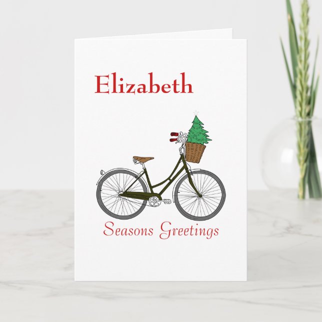 Personalized Festive Seasons Greetings Fun Bicycle Holiday Card (Front)