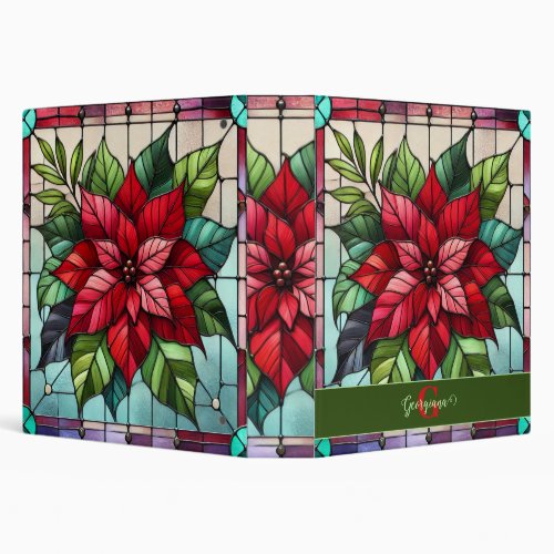 Personalized Festive Stained Glass Poinsettia 3 Ring Binder