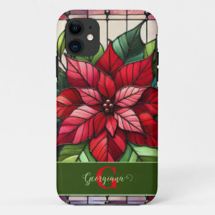 Personalized Festive Stained Glass Poinsettia iPhone 11 Case
