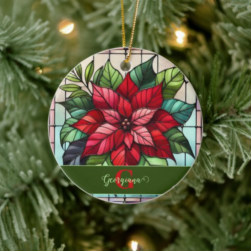 Personalized Festive Stained Glass Poinsettia Ceramic Ornament