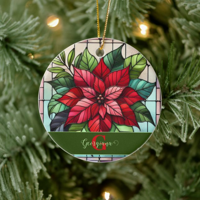 Personalized Festive Stained Glass Poinsettia Ceramic Ornament (Tree)