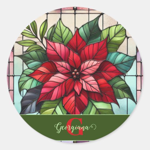 Personalized Festive Stained Glass Poinsettia Classic Round Sticker