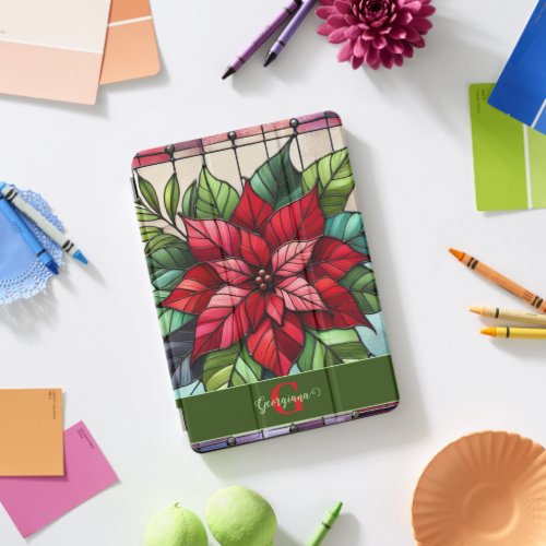 Personalized Festive Stained Glass Poinsettia iPad Pro Cover