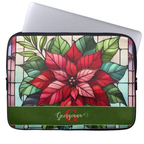 Personalized Festive Stained Glass Poinsettia Laptop Sleeve