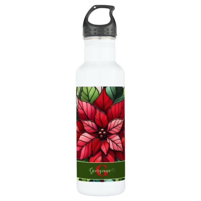 Personalized Festive Stained Glass Poinsettia Stainless Steel Water Bottle (Front)