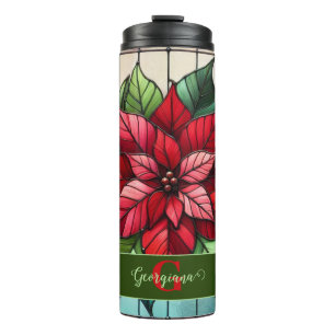 Personalized Festive Stained Glass Poinsettia Thermal Tumbler